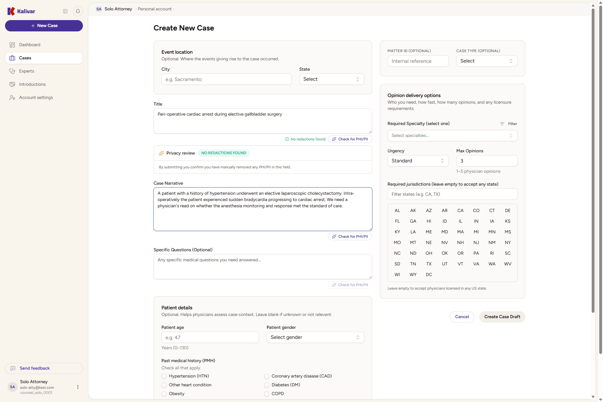 The Kalivar case creation form, with the case narrative and patient details on the left and the opinion delivery options — required specialty, urgency, max opinions, and jurisdictions — on the right.