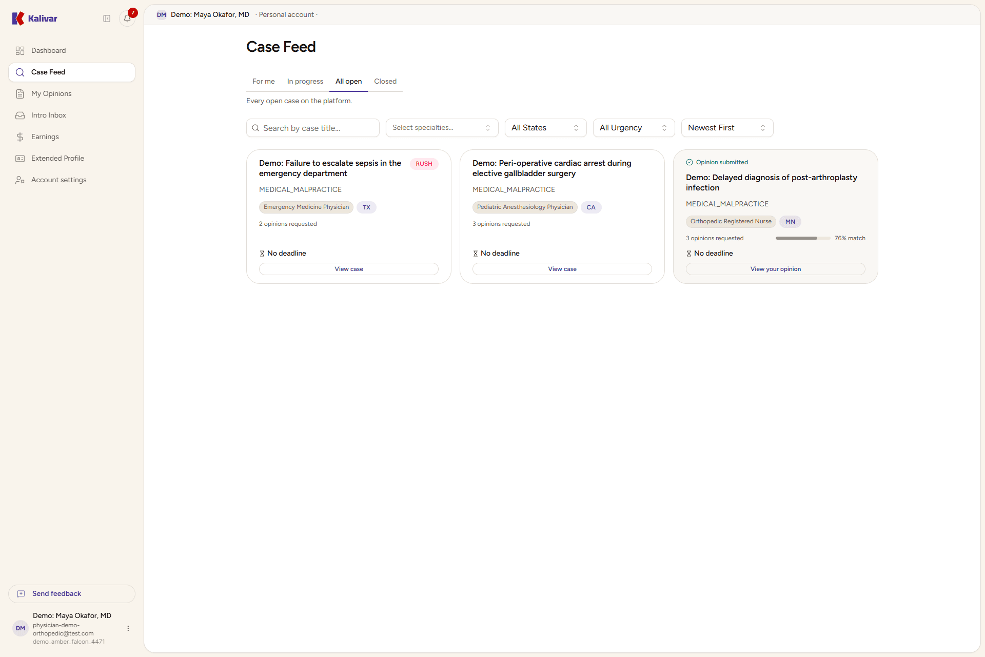 The expert Case Feed, with matched cases shown as cards listing the case summary, specialty, jurisdiction, fee, and your match score.